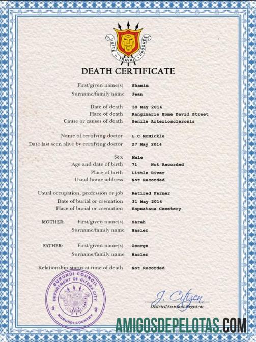 Em branco modelo PSD de certidão de óbito de registro vital do Burundi